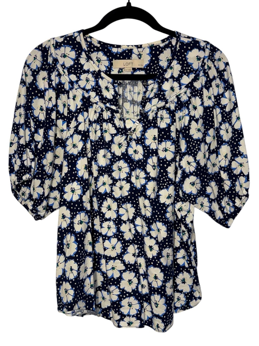 Size LP LOFT Navy White Light Blue Polka Dots Flower Short Sleeve Peasant Top